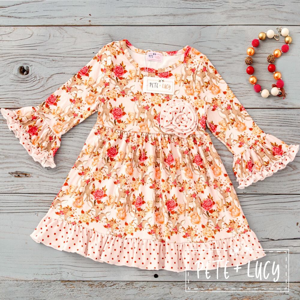 Deer and Roses Ruffle Dress by PETE + LUCY Winter Holiday Girls 10/12 NEW
